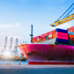 Container truck in ship port for business Logistics and transportation of Container Cargo ship and Cargo plane, logistic import export and transport concept
